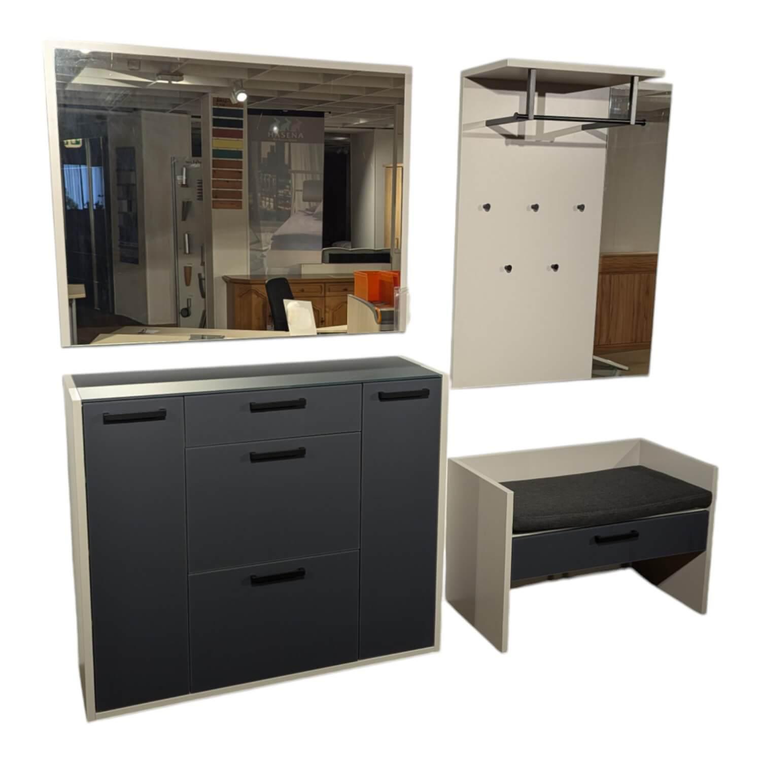 Wittenbreder - Garderobe Limu Front Glas Anthrazit Mattiert Korpus Lack Grau Weiß Bank Mit Sitzkissen Inklusive Spiegel - 1
