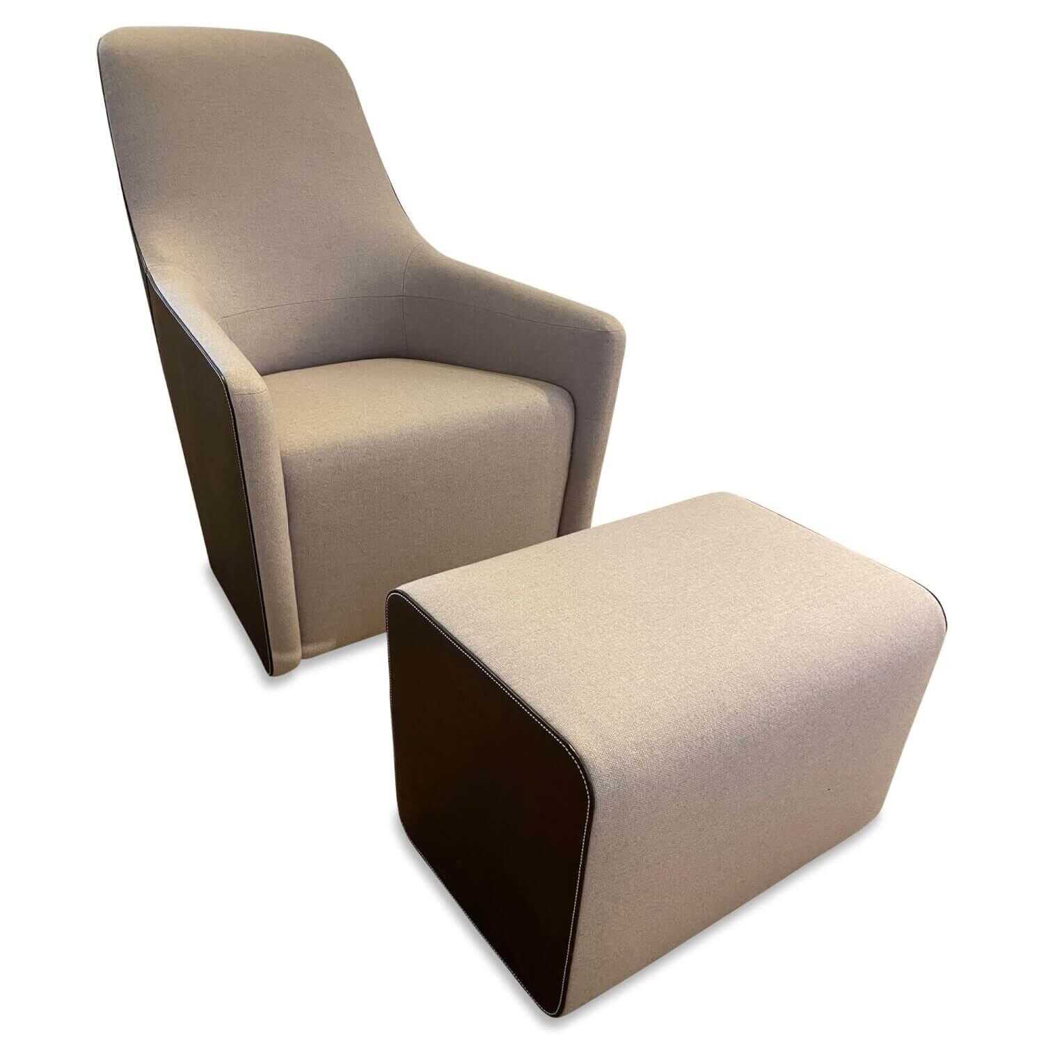 Walter Knoll - Sessel Foster 520-10C Stoff Flanell Grau Rücken Saddle Leder Coffee mit Hocker - 1