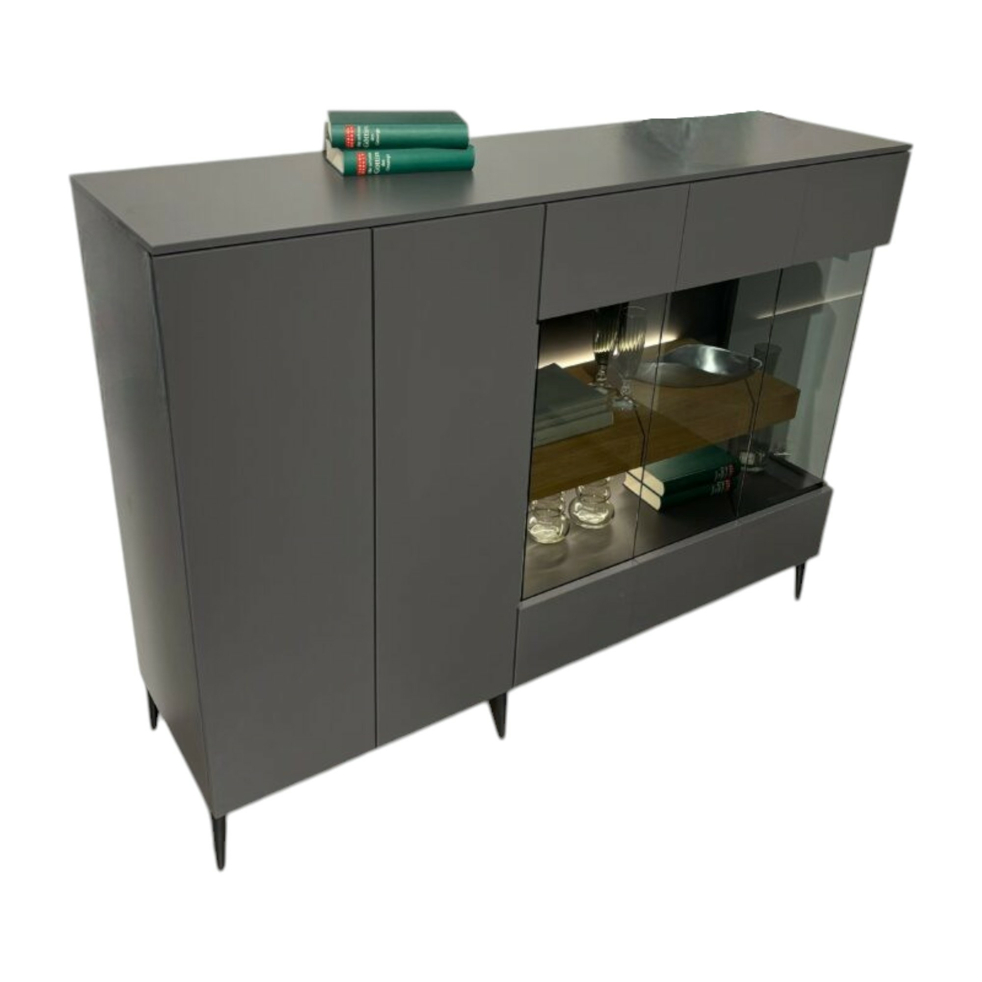 Loddenkemper - Highboard Lea Balkeneiche Lackiert Schiefergrau Grau Mit Glaseinsatz Türen Push To Open  Füße Schwarz - 1