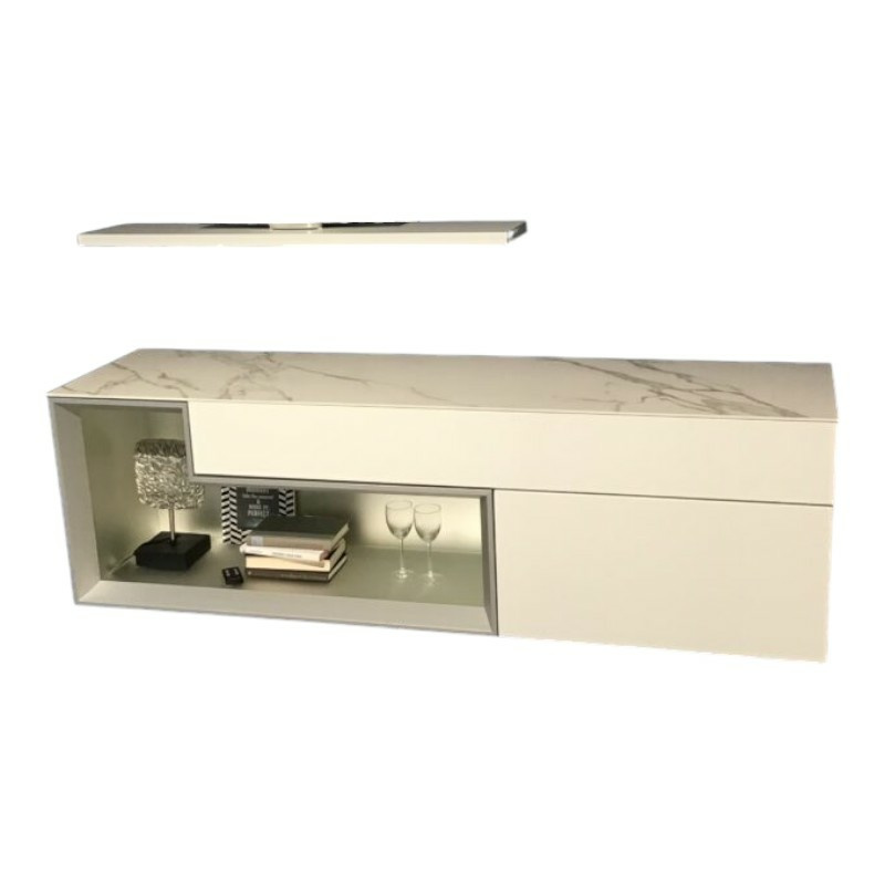 Hülsta - Sideboard Tetrim 981003 Lack Weiß Abdeckplatte Keramik Calacatta Weiß Mit Wandboard Und Beleuchtung - 1