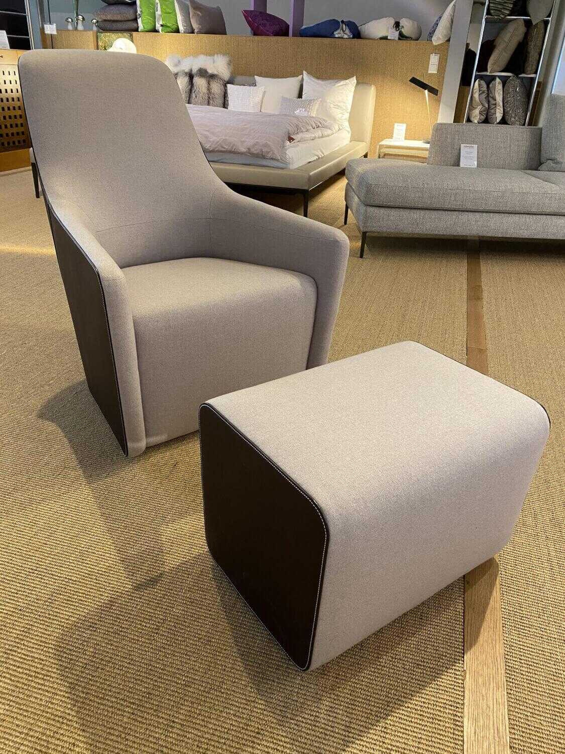 Walter Knoll - Sessel Foster 520-10C Stoff Flanell Grau Rücken Saddle Leder Coffee mit Hocker - 2